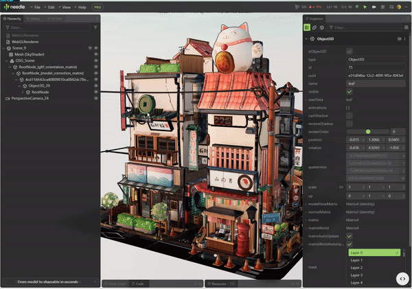 Three.js scene hierarchy in the Needle Inspector &mdash; browsing objects, meshes, lights and cameras of a live scene