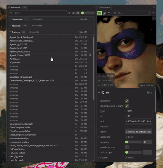 Resources panel in the Needle Inspector &mdash; textures, geometries and materials of a three.js scene with memory estimates