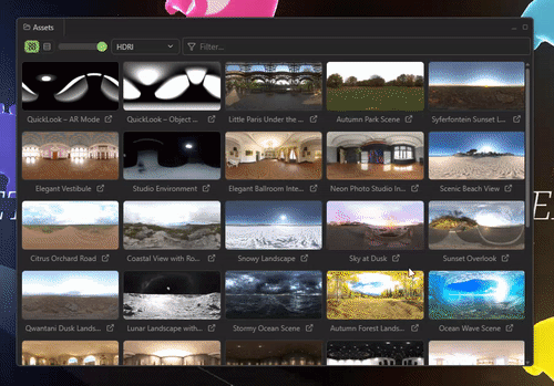Asset browser in the Needle Inspector &mdash; dropping materials and HDRIs into a live three.js scene
