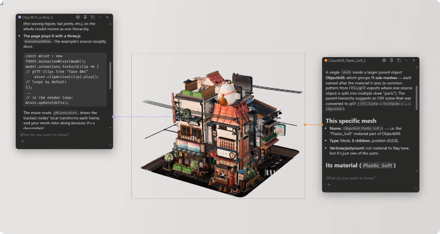 Contextual AI chat bubbles in the Needle Inspector — asking about an object straight from the three.js scene, hierarchy or inspector