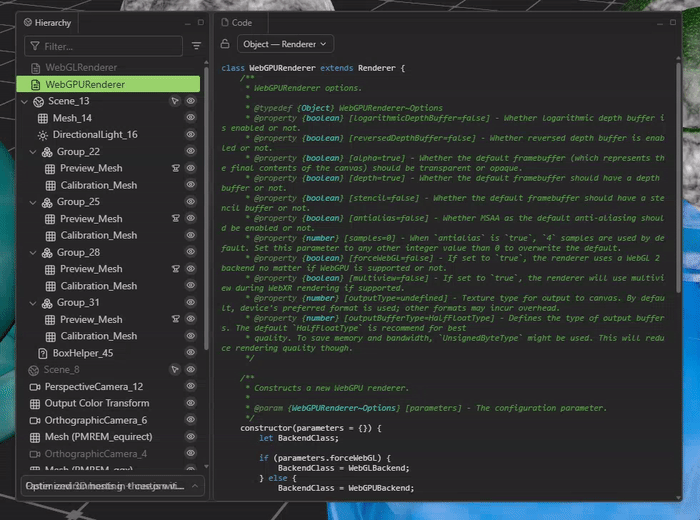 Code panel in the Needle Inspector — the source behind the selected object or material
