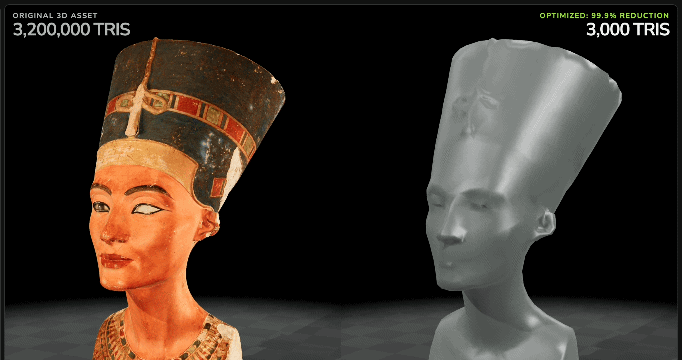 A 3,200,000 triangle bust of Nefertiti beside its 3,000 triangle baked result in the Needle Mesh Baker's two linked viewers