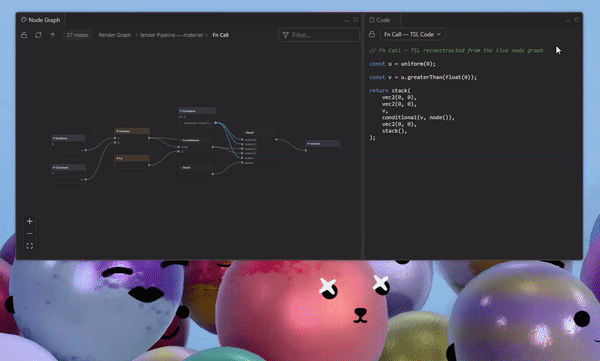 Node graph with the code panel side by side — TSL and three.js source for the selected material