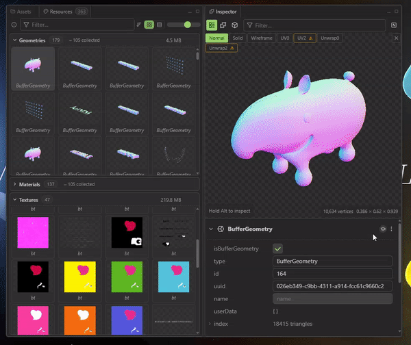 Inspecting meshes, textures and resources in the Needle Inspector &mdash; rich tooltips and previews for every property